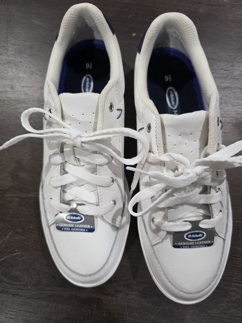 Dr. Scholl's White Leather Low-Top Lace Sneakers with Navy Accents